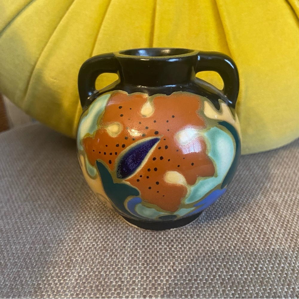Antique Japanese Gouda Vase  Abstract Flower  Art Deco Double Handle 1920's
